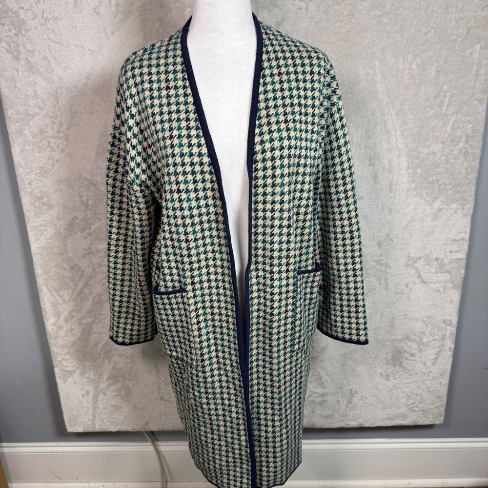 Plastic‎ Island Houndstooth Open Front Longline Cardigan Green Navy One Size